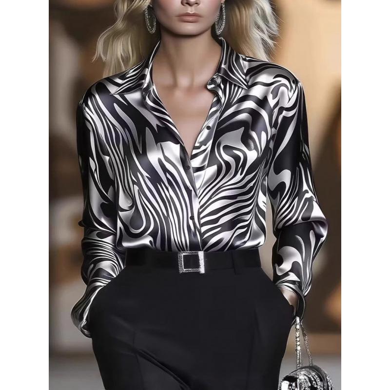 2025 Spring High Elastic Satin Leopard Print Casual Loose Button-Up Shirt for Women
