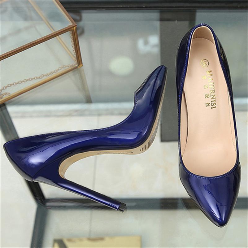 Women 11cm High Heels Scarpin Pumps Lady Pointed Toe Leather Stiletto Heels Female Plus Size Glossy Nude Blue Fashion Shoes