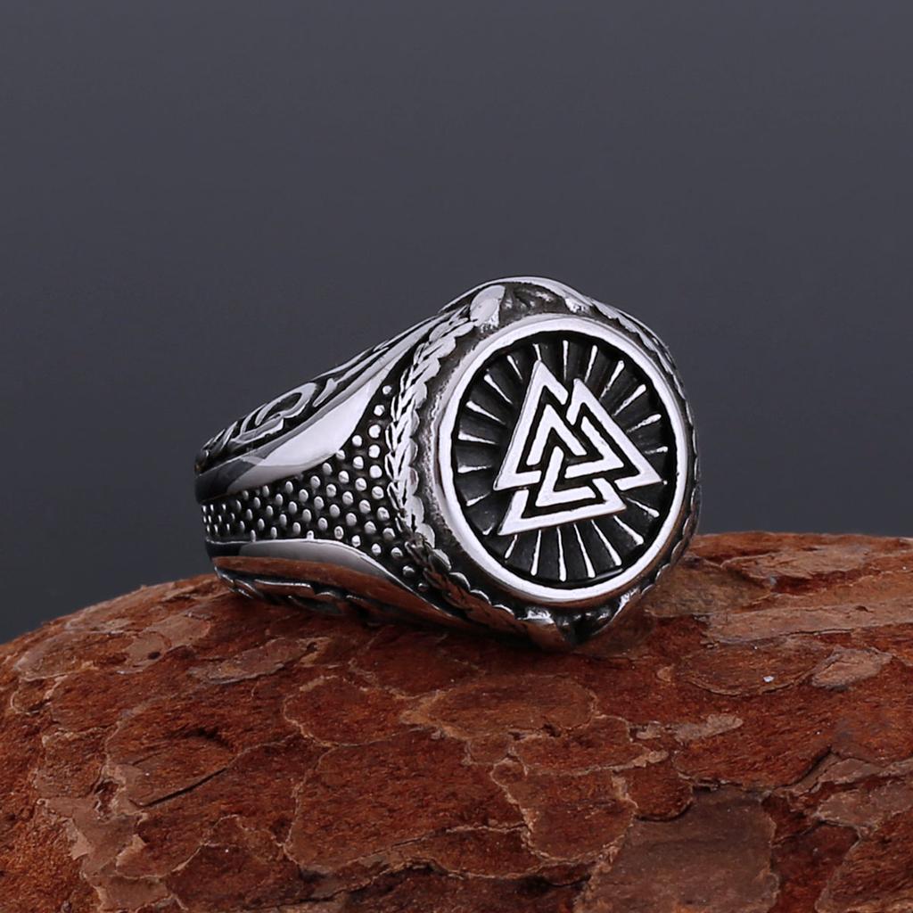 Stainless Steel Nordic Odin Valknut Ring Scandinavian Celts Knot Raven Amulet Jewelry Gift for Men Women