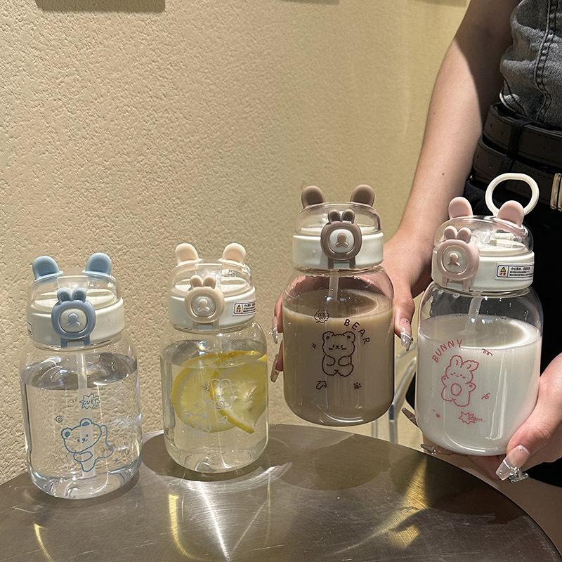 500Ml Kawaii Rabbit Water Bottle Portable Cute Ear Shaped Drinking Cup With Straw And Lid Summer Drinkware For Outdoor Camping