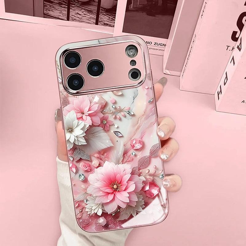 Pink Diamond Marble Flowers Tempered Glass Phone Case for iPhone 17 Pro Max 14 15 16 Plus 11 12 13 Pro Max 16E 17Air Hard Cover