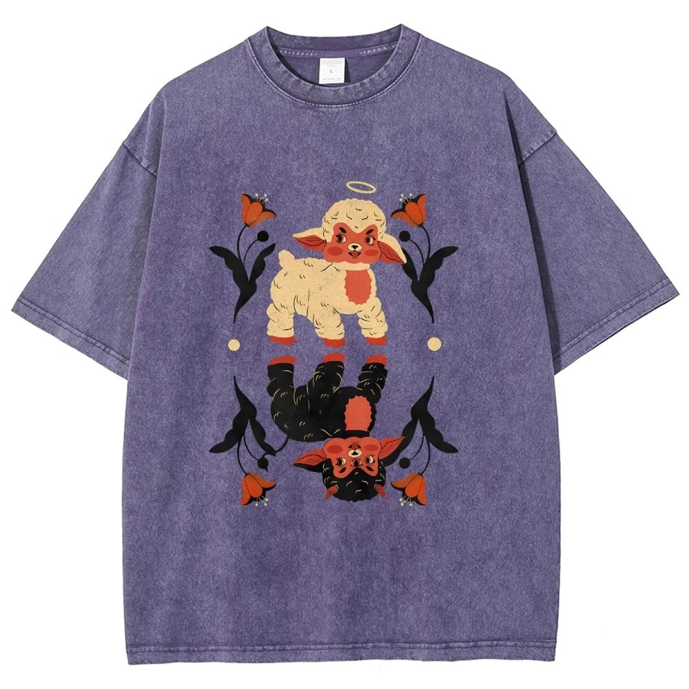 Cool Angel Demon Sheep T Shirts Unisex Washed Tees Men Women Short Sleeve T-shirts Cotton Streetwear Graphic T Shirts