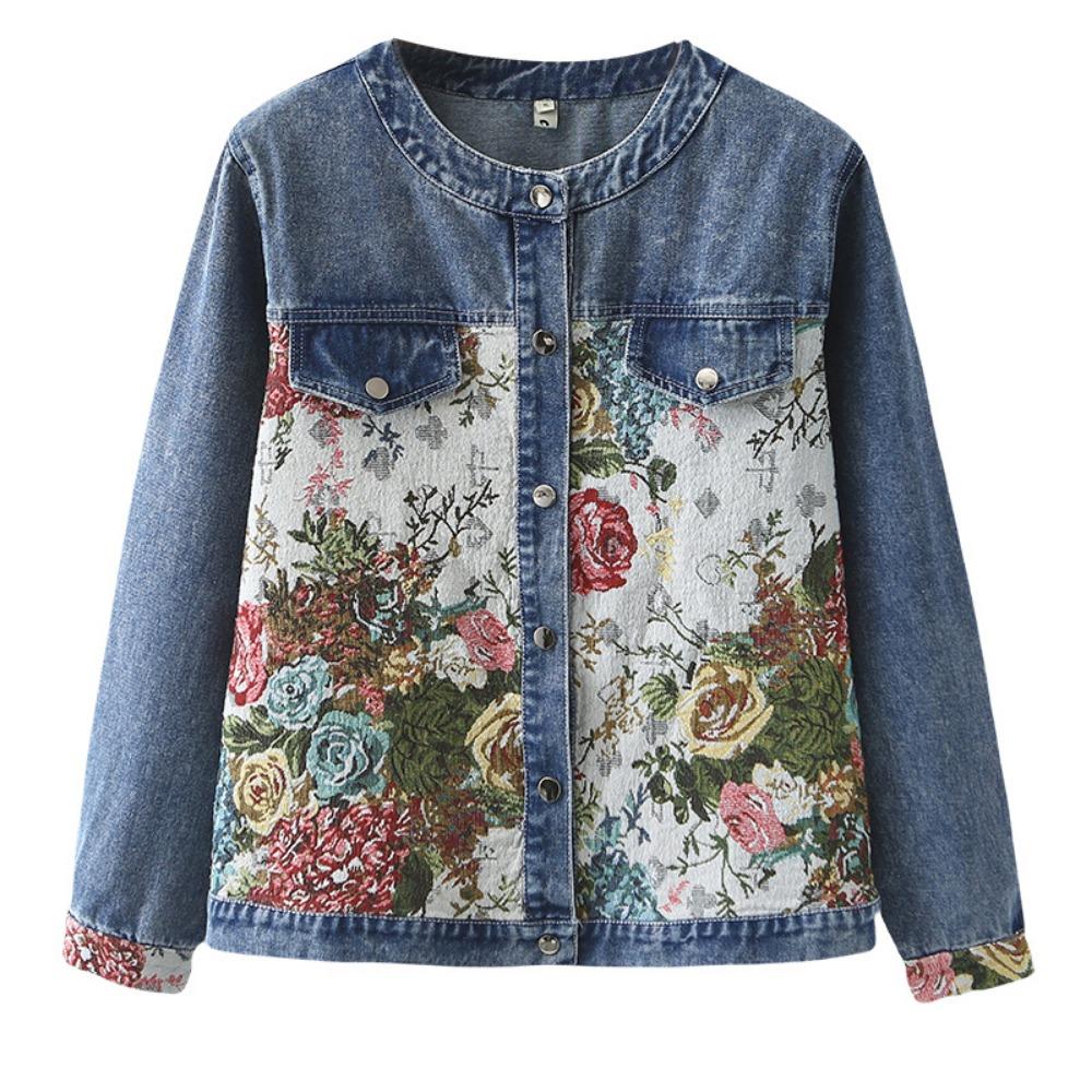 Spring Chinese Style Embroidered Casual   Denim Jacket for Women, Plus Size Long Sleeve Coat with Patchwork Design