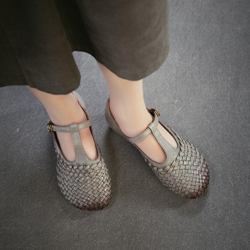 Johnature Genuine Leather Woven Shallow Mary Jane Shoes Retro Low Heeled Women's Shoes