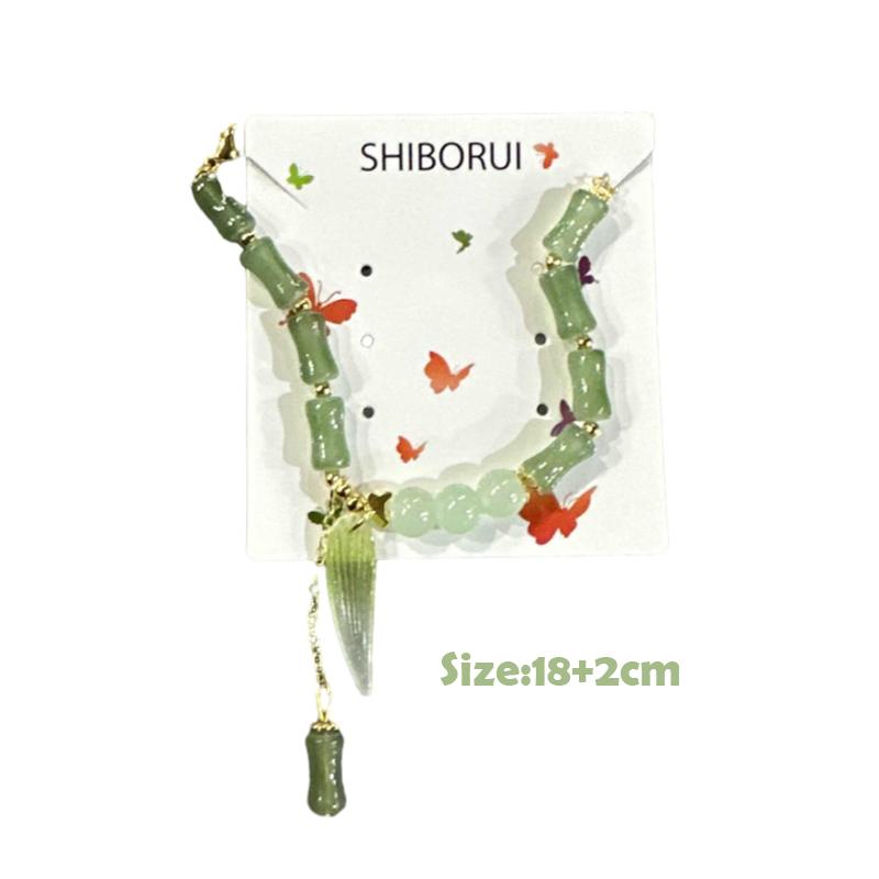Chinese Style Retro Green Bamboo Joint Beaded Bracelet For Women's Fashion Simple Charm Alloy Leaf Bracelet Jewelry Gift
