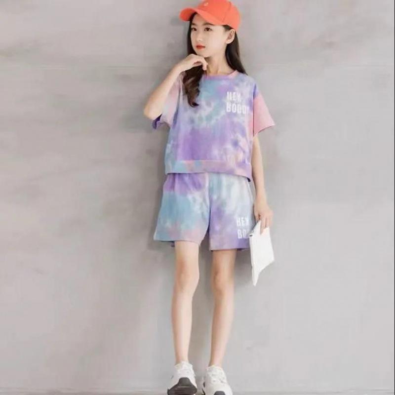 Costume pentru fete cu vopsea cravată Versiune coreeană de vară Copii mari Fetițe mici Fuste cu mâneci scurte Pantaloni scurți Trend în două piese