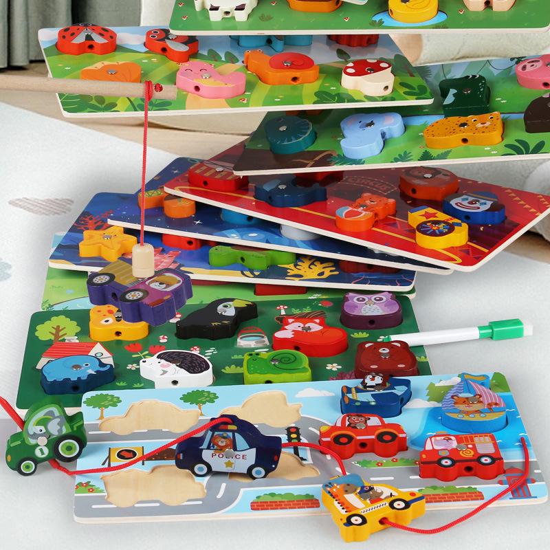 

Montessori 4-in-1 Puzzle & Learning Game: Matching, Fishing, Lacing, Drawing Board