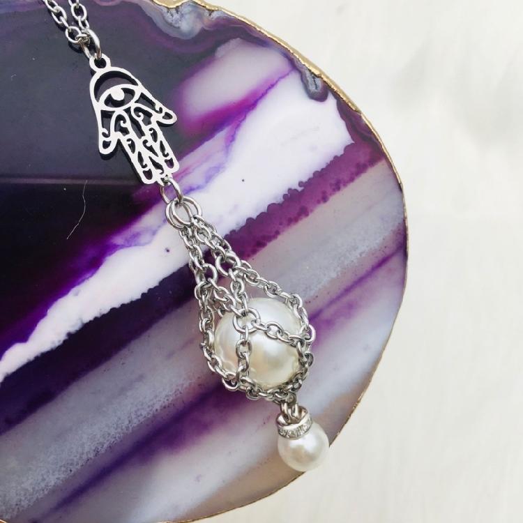 Fashionable Crystal Stone Holder Necklace Stylish Pearls Cage Pendant Neckchain
