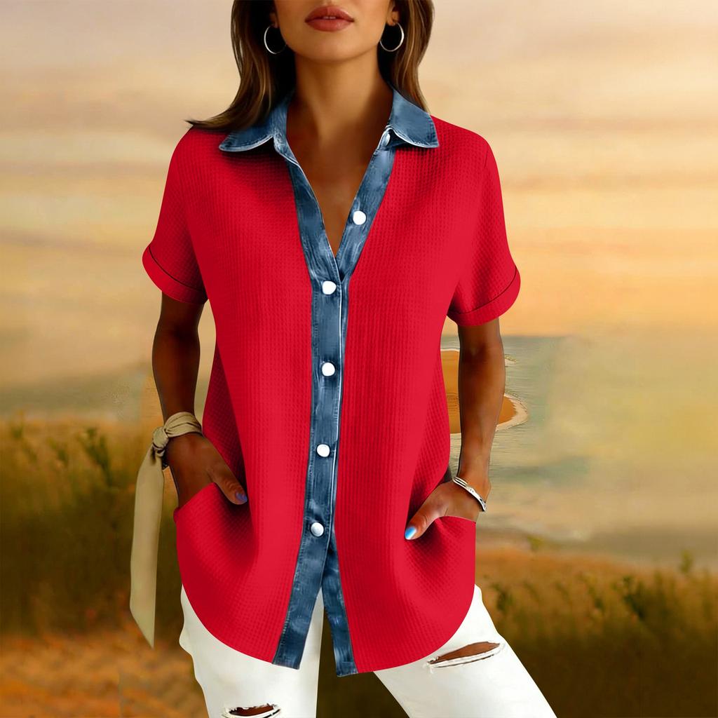 Womens Fashion Color Lapel Short Sleeved Denim Patchwork Button Up Shirt Loose Top