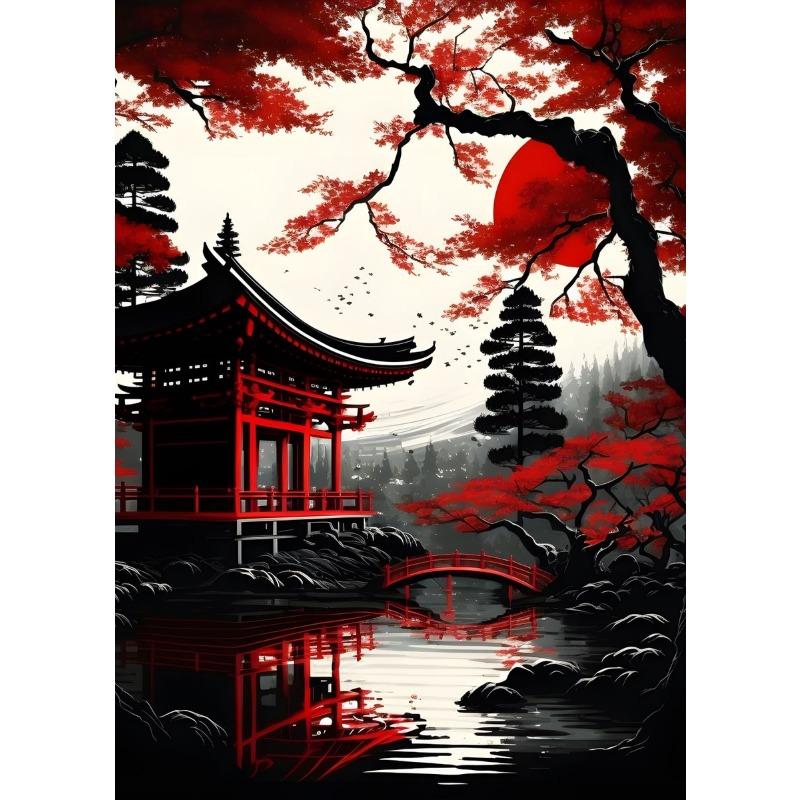 Japanese Natural Landscape Mountain Temple Canvas Painting Red Black Posters Vintage Art Wall Prints for Room Home Decor