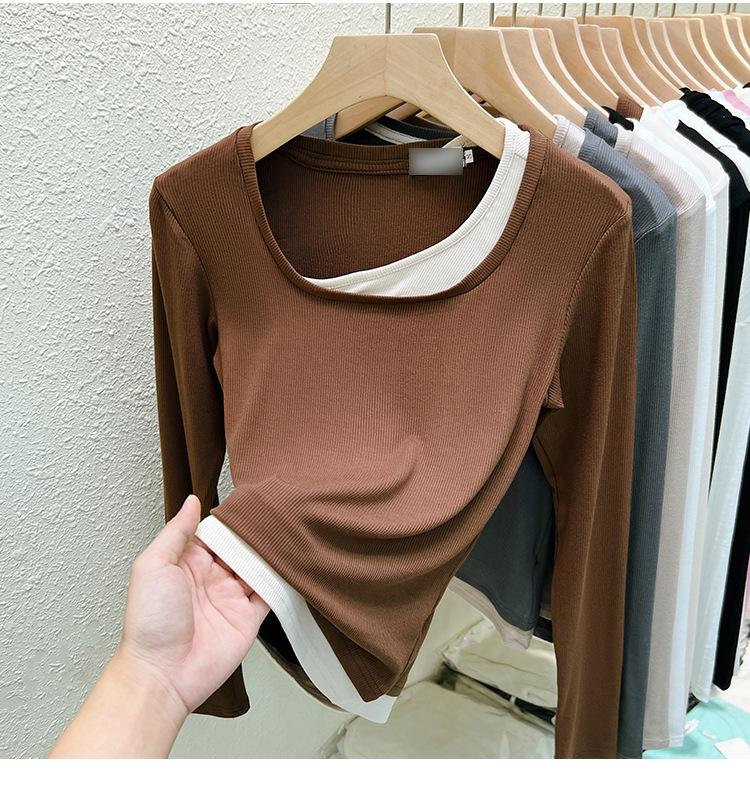 Stylish Korean Square Neck Faux Two-Piece Long-Sleeve Women's T-Shirt – Versatile Base Layer