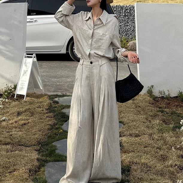 Old Qian Feng High-end Shirt Set Women s 2026 Spring Temperament Light Luxury Commuter High Waist Casual Pants Skinny Two-piece Set S