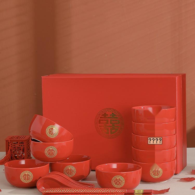 Chinese Wedding Red Bowls & Chopsticks Set: Bride Dowry Gift Pair