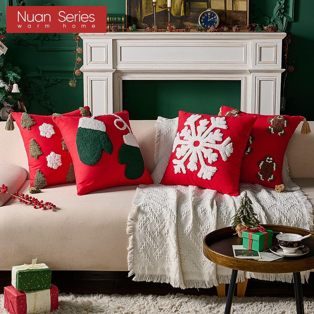 1PC Nuan Series Fashionable and Versatile Christmas Style Red Pillowcase Plush Embroidery Soft Cushion Cover for Sofa Living Room Bedroom Home Decor