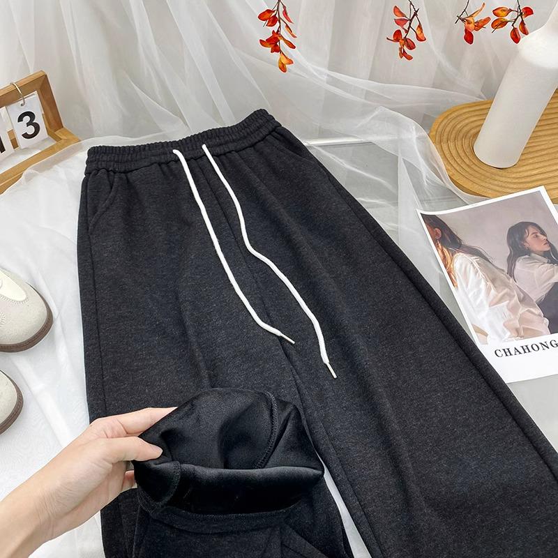Petite Slimming Wide-Leg Fleece-Lined Pants for Women - Casual Elastic Waist, Loose Fit for Autumn/Winter