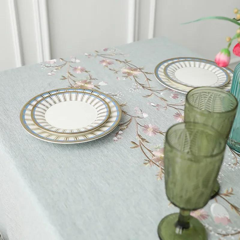 Floral Embroidery Tassel Tablecloth, Cotton Linen, Dust Proof Table Cover, Kitchen, Dining Room,Home Party, Tabletop Decor