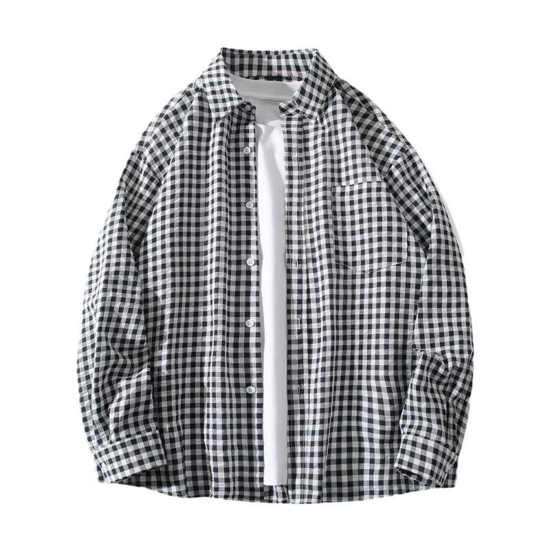 Mens Plaid Loose Long Sleeve Casual Thin Shirt Outerwear