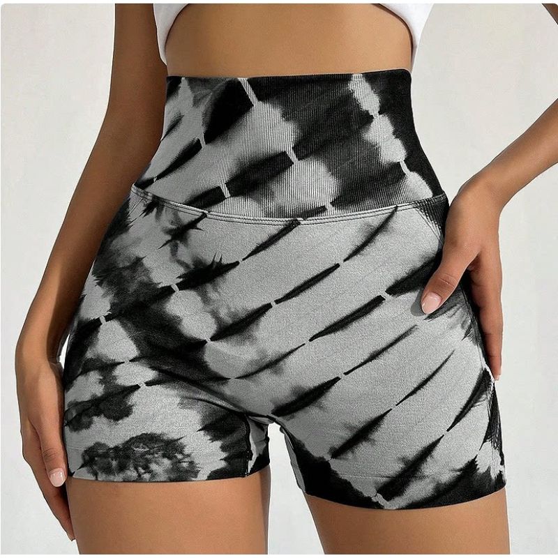 

High Waist Hip Lifting and Belly Contracting Running Sports Tie-Dye Shorts Black Gray S