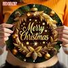Golden Christmas Wreath Metal Wall Decor Rustic Holiday Sign with Pine Branches Stars Durable Indoor Outdoor Hanging