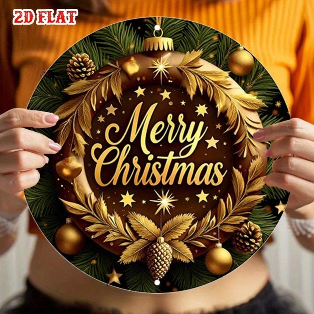 Golden Christmas Wreath Metal Wall Decor Rustic Holiday Sign with Pine Branches Stars Durable Indoor Outdoor Hanging