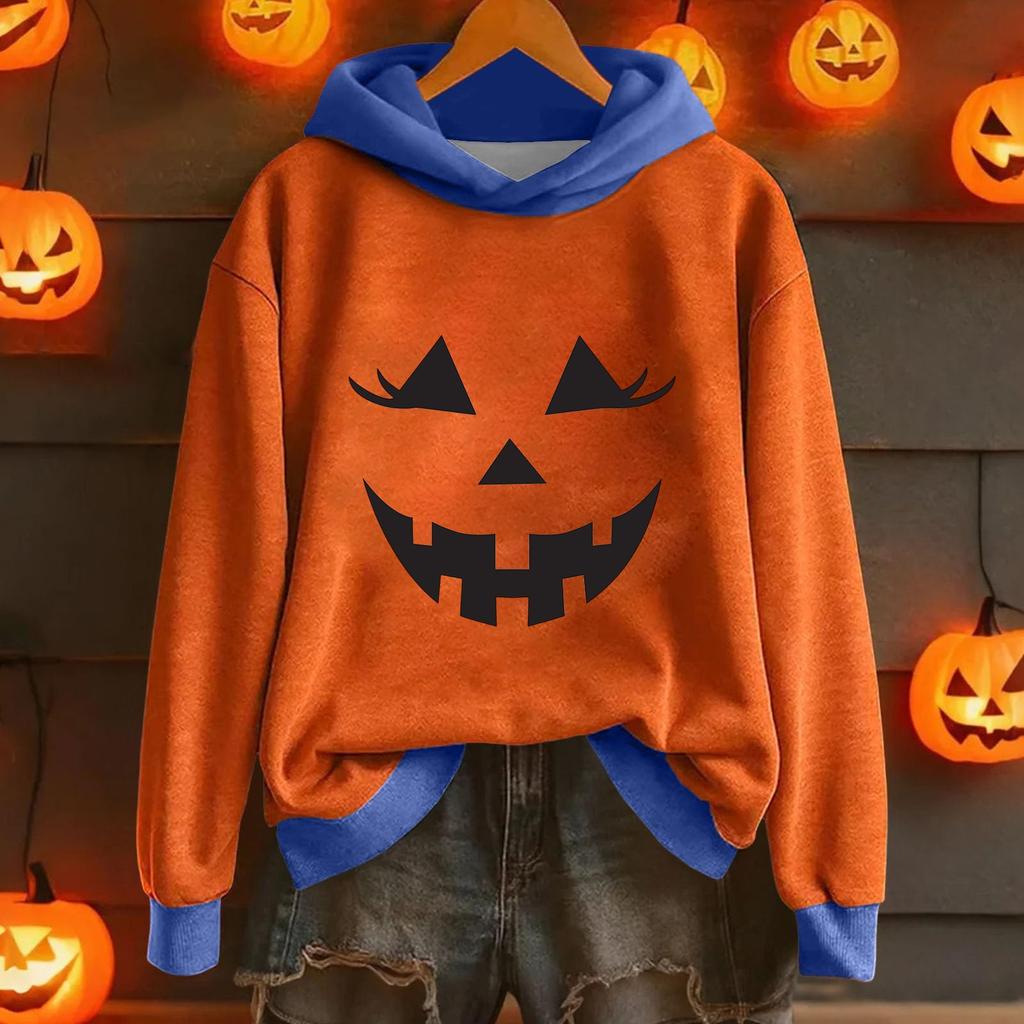 Ladies' Casual And Fashionable Halloween Printed Long Sleeved Hooded Warm Shirt Loose And Comfortable Hoodie
