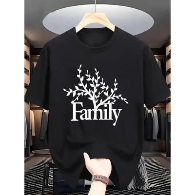 Europäische Größen Herren Sommer Lässiges Rundhals-T-Shirt, Kurzarm-T-Shirt mit Familienbaum-Print