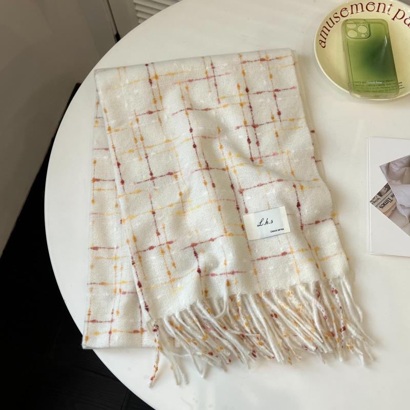 White Plaid Scarf, Women's Winter High-end Sense Versatile Scarf, Student Japanese Color Dot Shawl, Warm and Thickened Outside