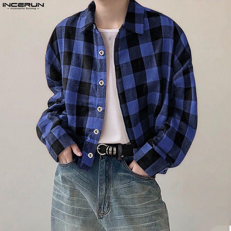 INCERUN S-XXXXXL Men Turn Down Collar Long Sleeve Plaid Loose Casual Shirts