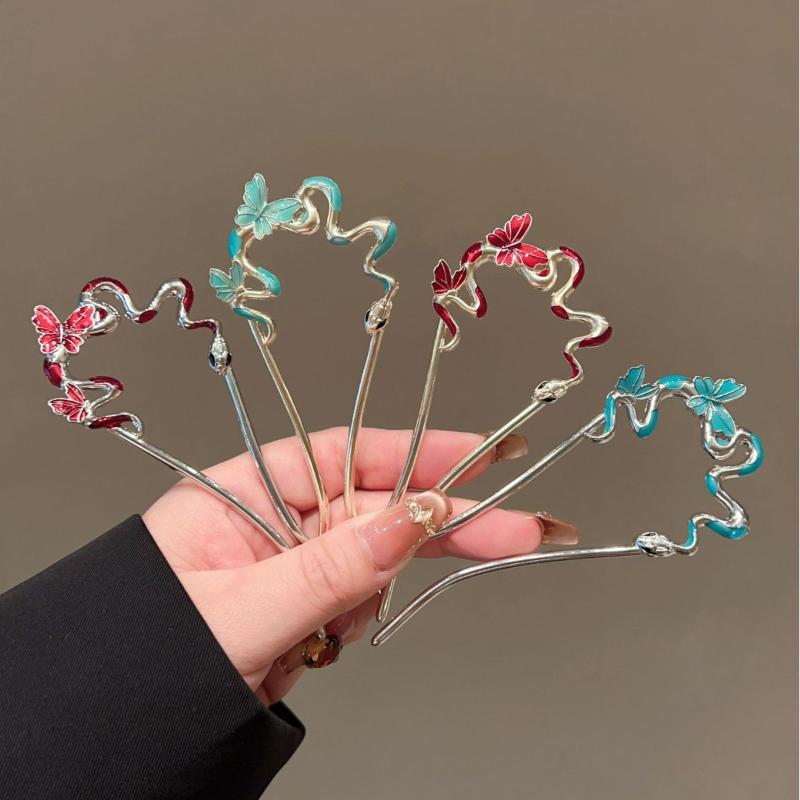 1Pcs Metal Flower Hair Pin Snake Hairpin Vintage Chinese Style Hair Stick Plate Hair Retro Hair Clip Hair Accessory