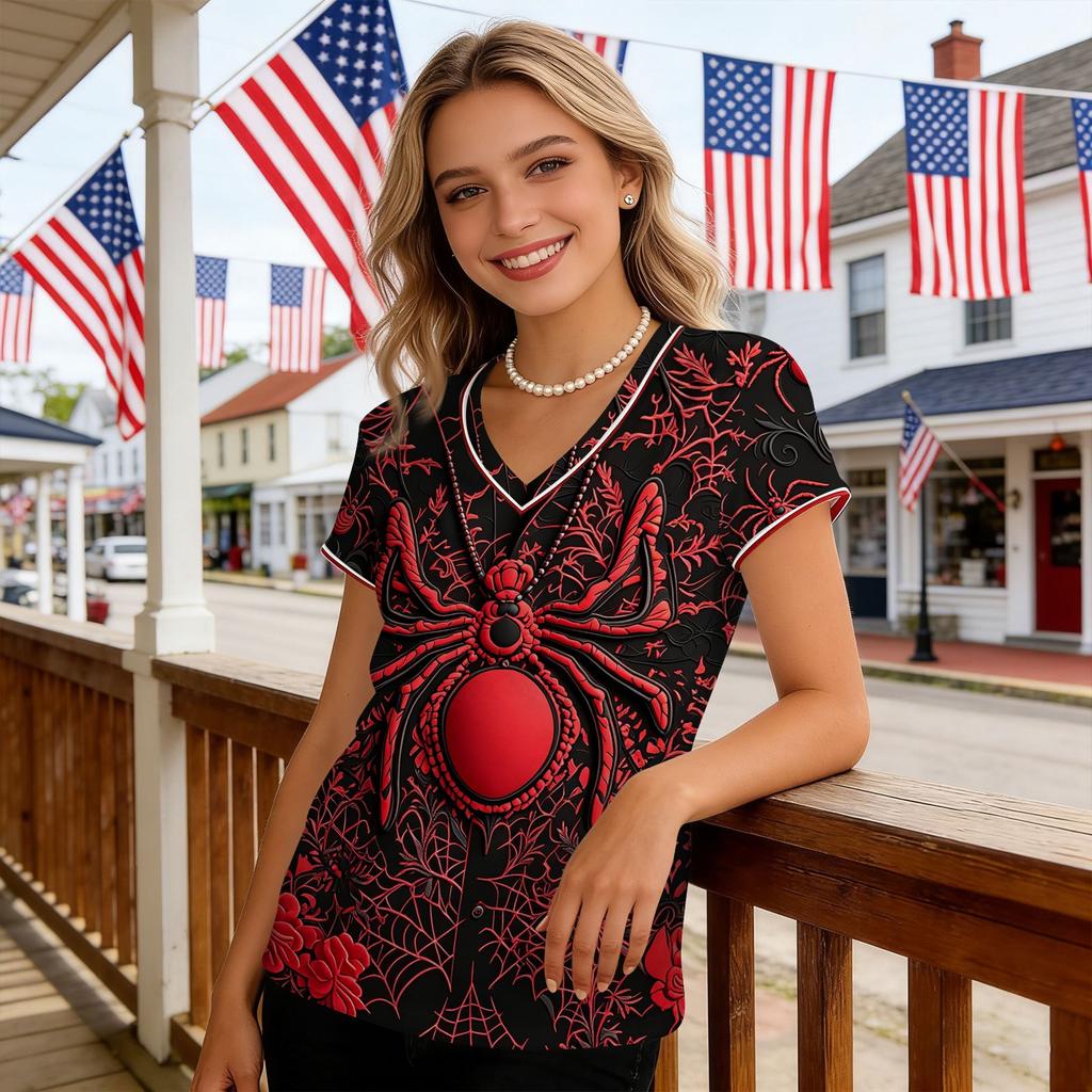 Women's Casual V Neck Short Sleeve T-Shirt Halloween Print Pullover Top