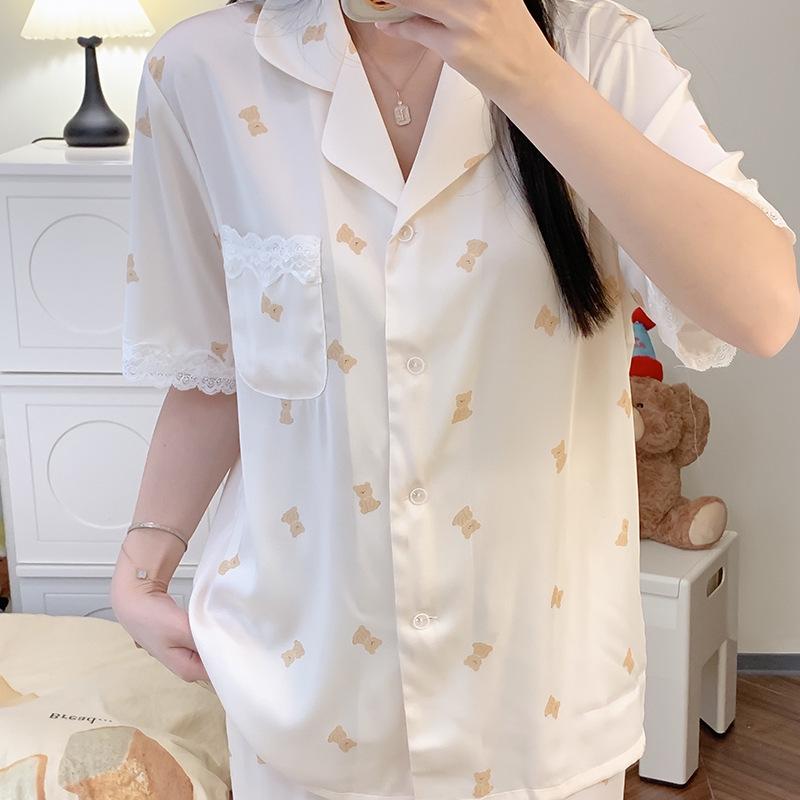 Women s French Princess Style Ice Silk Pajama Set - Short Sleeve Cardigan Long Pants for Spring/Autumn
