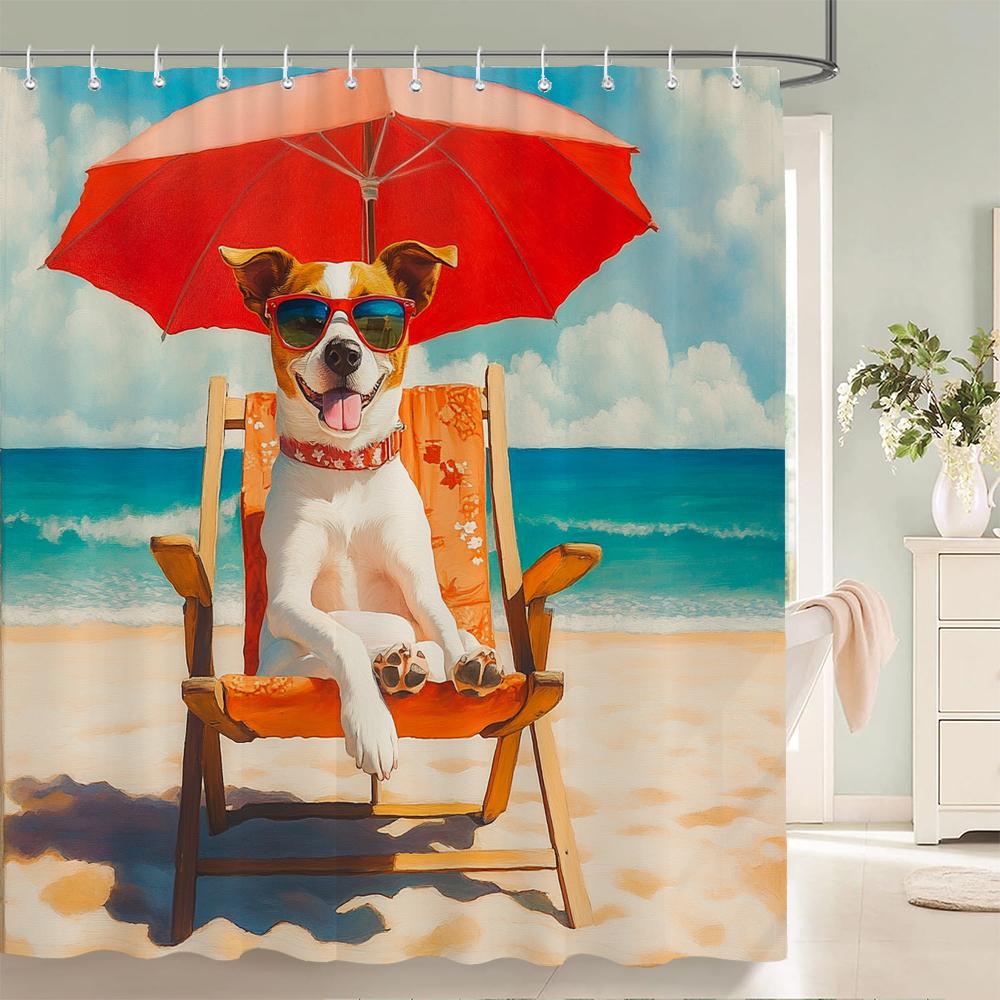 Funny and Creative Beach Cats and Dogs Fabric Shower Curtain Waterproof Polyester Bath Curtains for Bathroom Decorate with Hooks