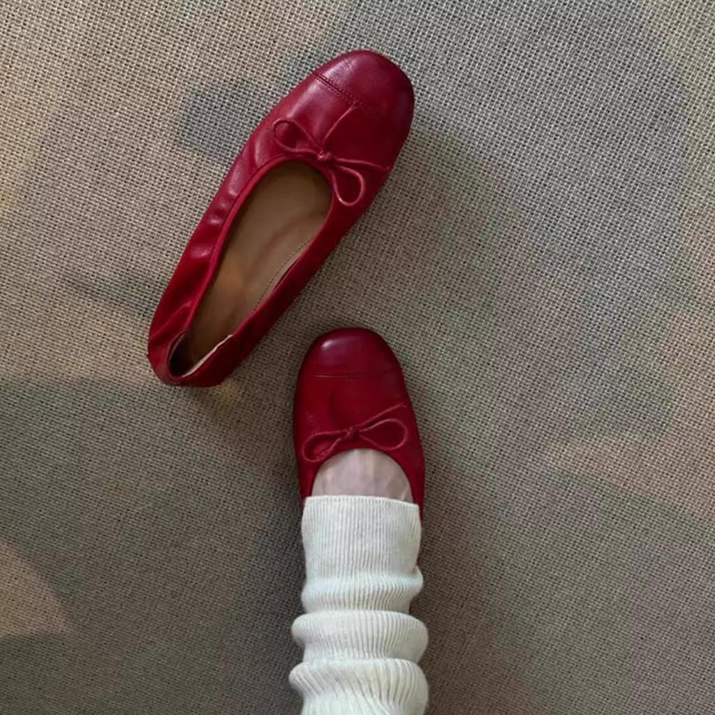 Retro Washed Cowhide Bow Loafers - Soft Sole Square Toe Ballet Flats for Women