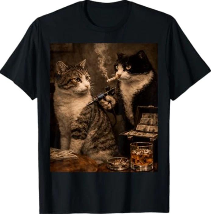 Funny Gangster Cats Design Retro Mafia Style Cat Meme Art T-Shirt XL