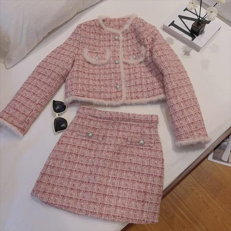 Women's Tweed-Style Suit: Short Coat & Skirt Set for Autumn/Winter