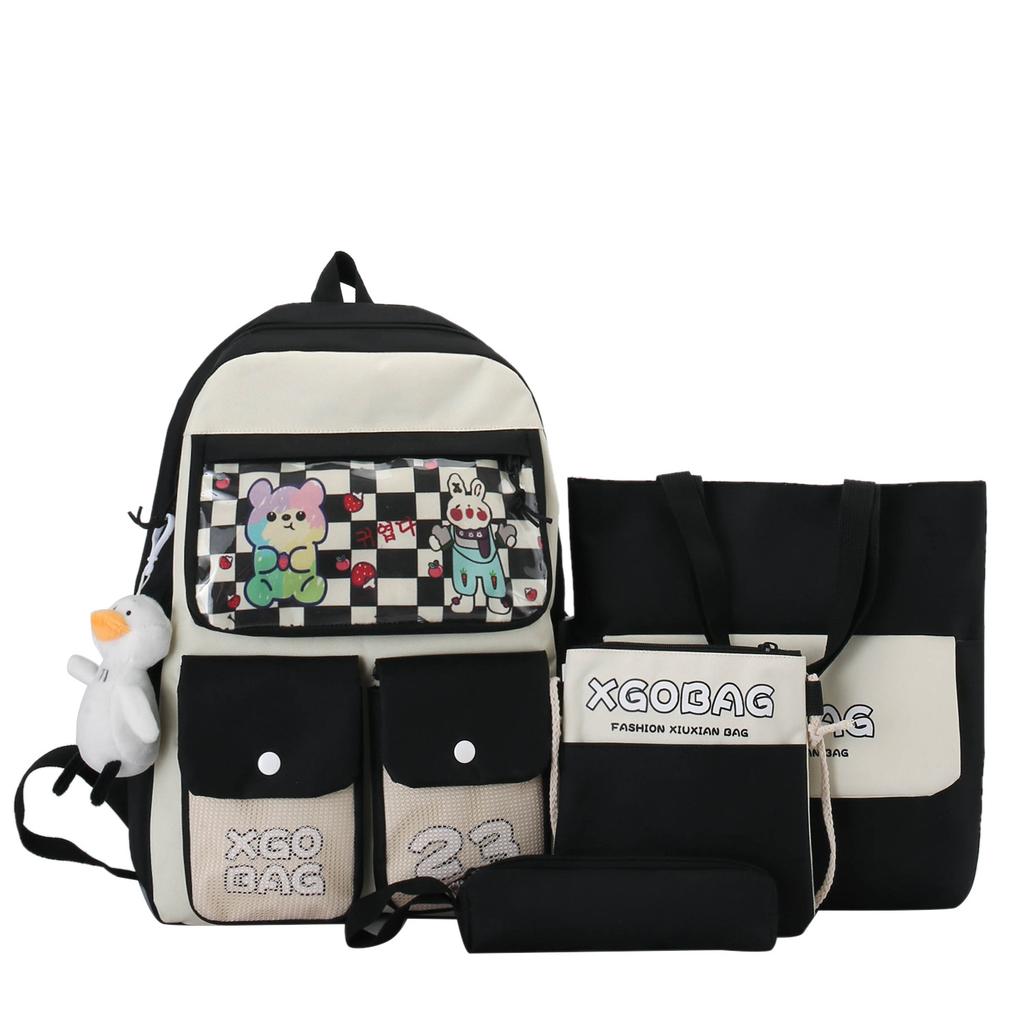 School bag, women's backpack, four-piece set, junior high school student backpack, campus college backpack.