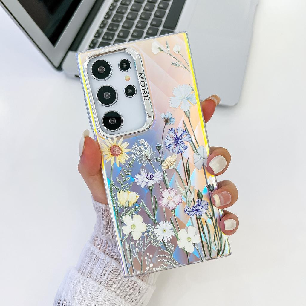 For Samsung Galaxy S22 Ultra 5G Slim Case Flower Pattern Electroplated Laser Effect Phone Cover