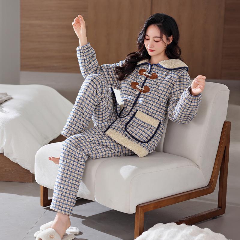 Pajamas Women'S Winter 2024 Three-Layer Thickened Velvet Woven Cotton Jacket Autumn And Winter Warm Loungewear