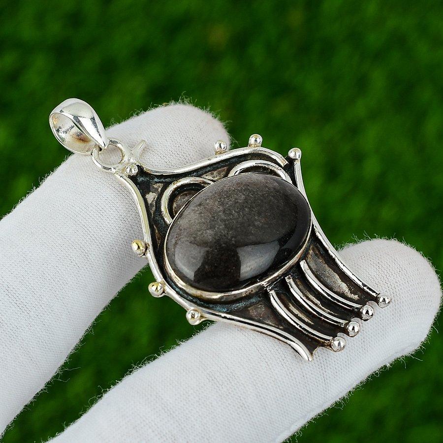 Oval Natural Silver Sheen Obsidian Sterling Silver Trendy Unique Pendant Jewelry