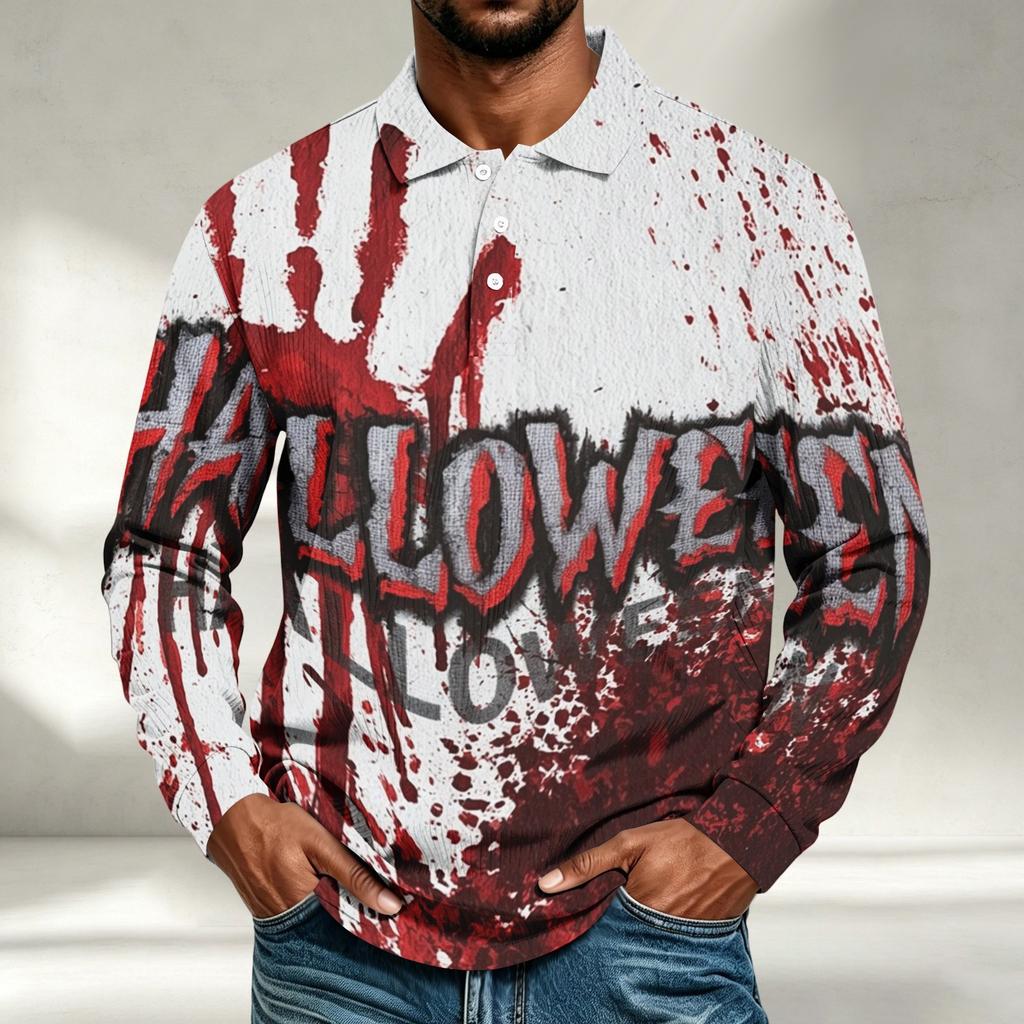 Men's Casual Loose Fit Long Sleeve Shirt with Halloween Print