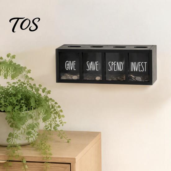 Clear Acrylic Cash Organizer Wooden Piggy Bank with 4 Compartments, Transparent Money Box, Saving Box for Kids Wall Mounting Coin Container Financial