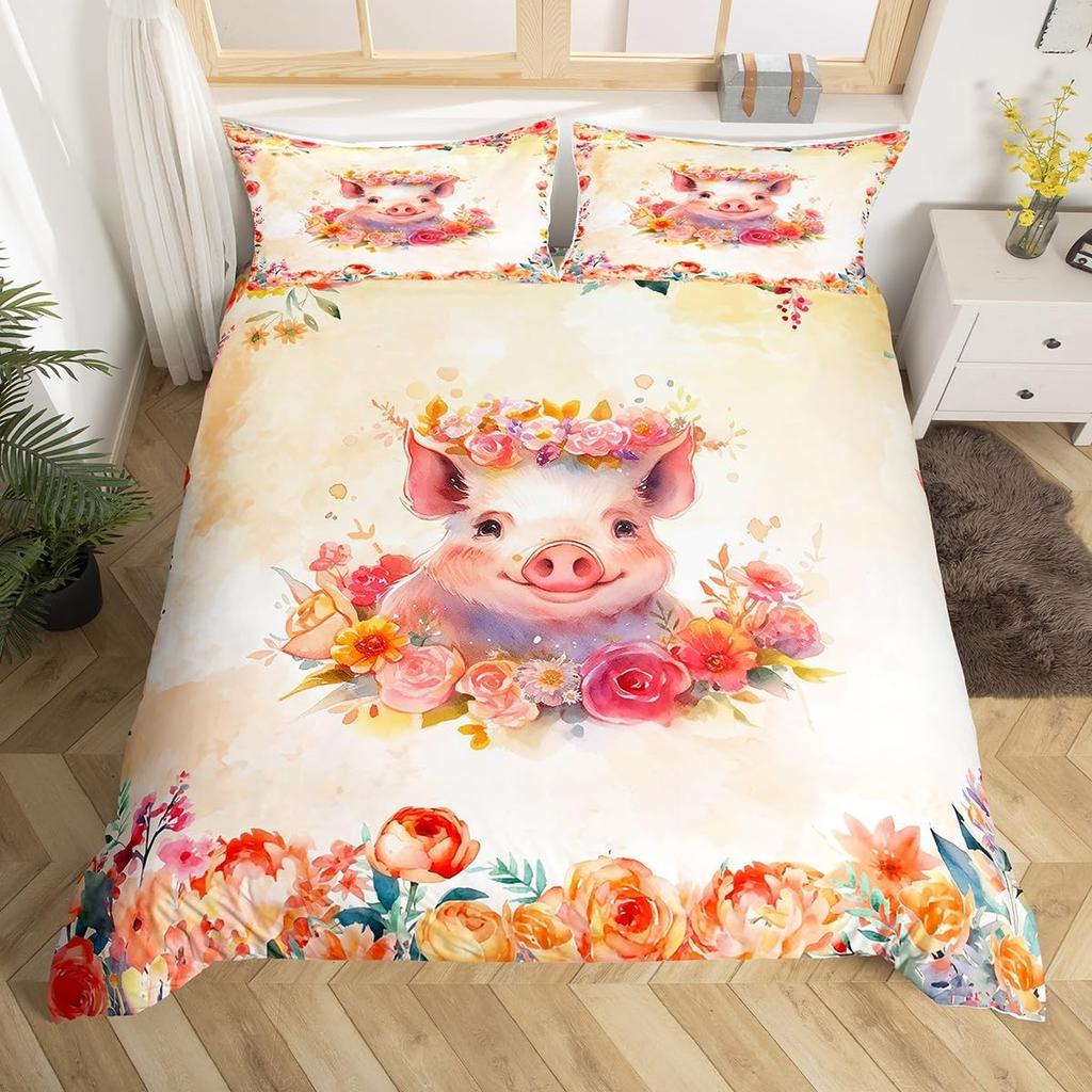 Adorable Lovely Couple Pig Soft Duvet Cover Twin King, Roses Daisy Floral Valentine's Romantic Beding Set,Carton Animal Rustic Warm Comforter Cover