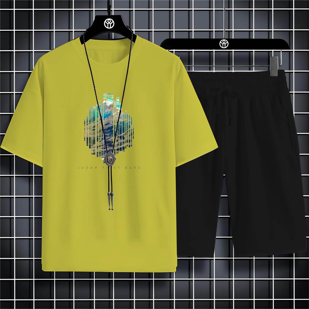 Fashion Four Seasons Casual Sports Style 2d Letter Print Adult Men'S Round Neck Loose Short Sleeve T-Shirt Trouser Set Quick Dry