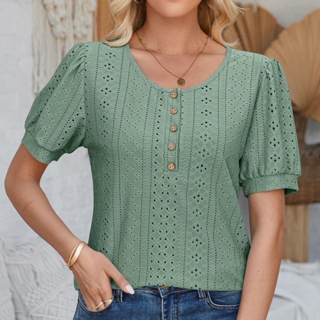 

GMXIA женские модные повседневные летние весенние однотонные свободные блузки и рубашки с короткими рукавами и пуговицами с круглым вырезом и круглым вырезом XXL