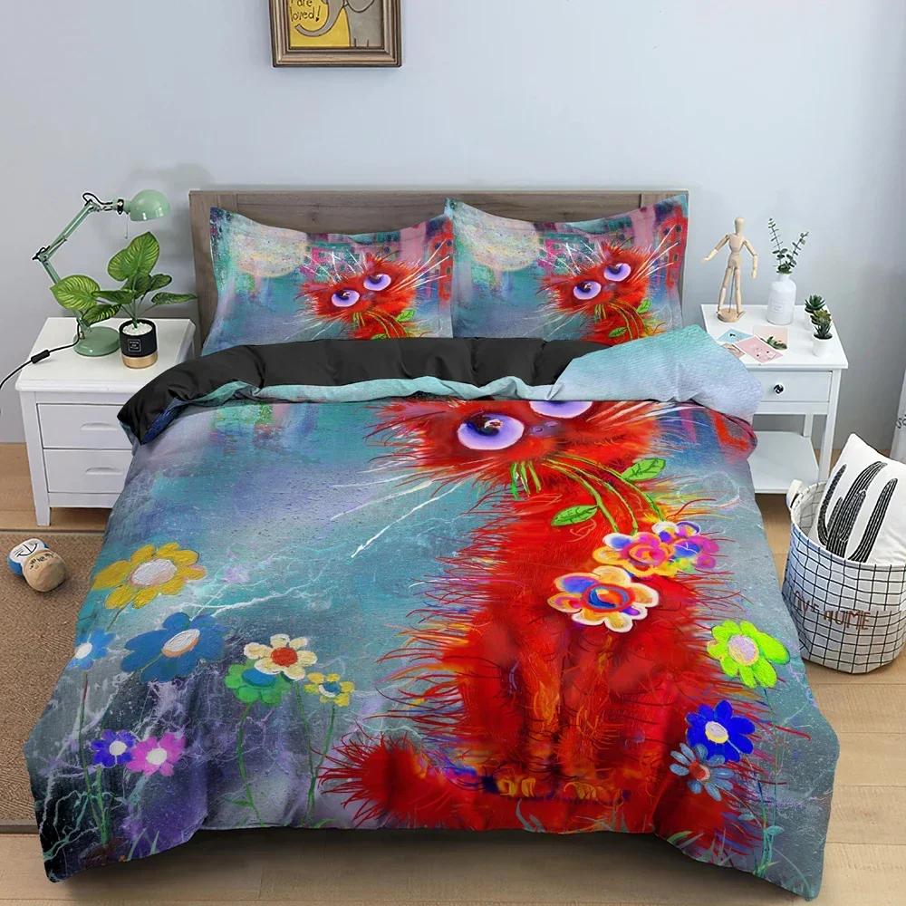Luxury New 3D Print Watercolor Cartoon Cat Pattern Quilt Cover Bedding Set Bedroom Decor Duvet Covers Pillowcase King Single