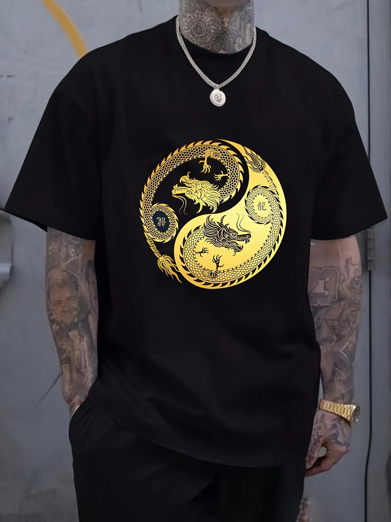 Summer Casual T-shirt - Short Sleeve Round Neck Tee with Vibrant Dragon & Cloud Print XXXXL