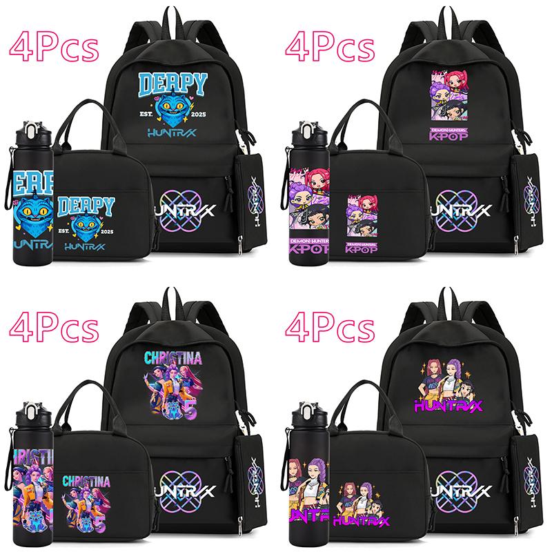 4Pcs/set Anime K-Pop Demon Hunters Printed 750Ml Water Bottler Backpack Handbag Pencil Case for Teenager Boy Girl Large Capacity Waterproof Schoolbag