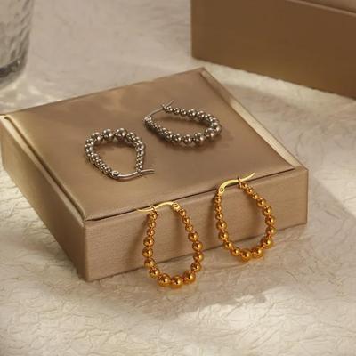 European & American Fashion High-End 18K Plated Stainless Steel Oval Earrings with Bead Design for Women