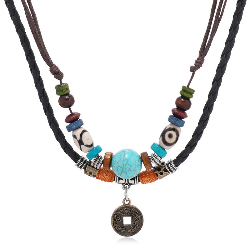 Multi-Layer Vintage Coin Pendant Leather Beaded Weaved Prayer Necklace Fashion Jewelry Gifts