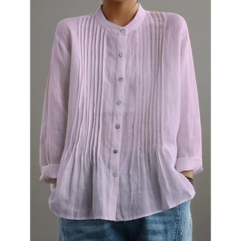 Cotton Linen Stand Up Collar Shirt Women's Solid Color Pleated Fashion Versatile Cardigan Temperament Tops